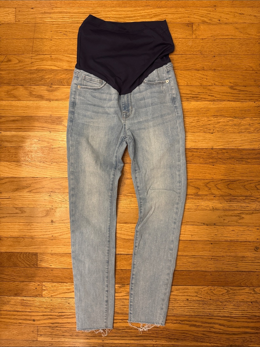 Pink Blush Light Blue Maternity Skinny Jeans with Navy Stretch Belly Panel